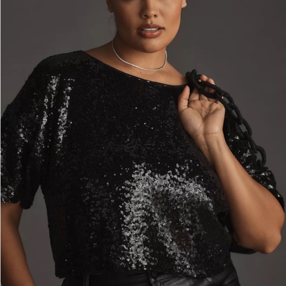 by Anthropologie Black Sequin Cropped Short-Sleeve Top Relaxed Boxy Fit EUC Sz S - Picture 7 of 16